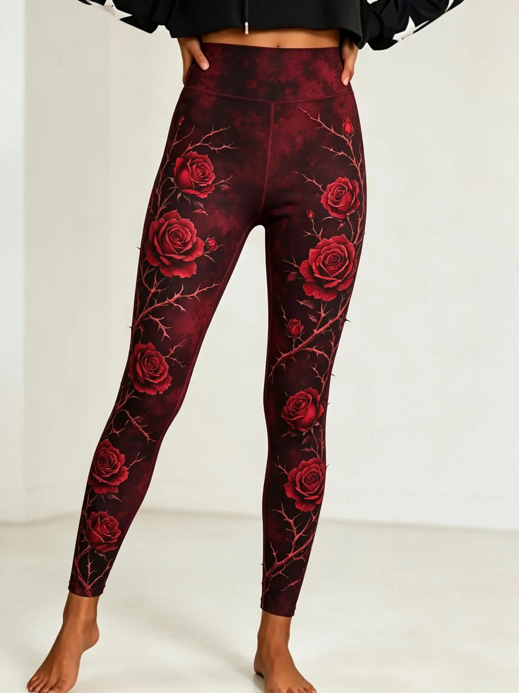 Women Halloween Fleece Mid‑Rise Leggings Red Rose Thorn Floral Full Print Stretch Slim Pants - view 2