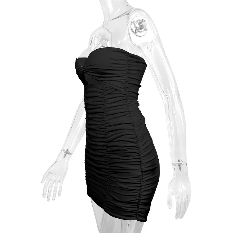 Trägerloses, sexy, ausgeschnittenes, plissiertes, kurzes, figurbetontes Kleid, elegantes Abendkleid für Brautjungfern, Geburtstag, figurbetontes, sexy Kleid – Detail 16