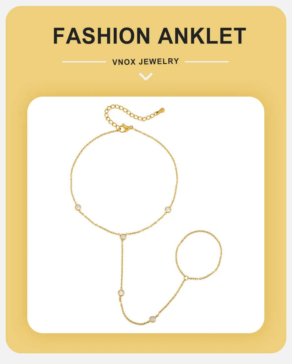 Vnox Bohemia Edelstahl Zehenring Fußkettchen für Damen, vergoldet, mit weißem Zirkon, Kettenfußkettchen, Barfuß-Feiertags-Strandfußschmuck – Detail 1