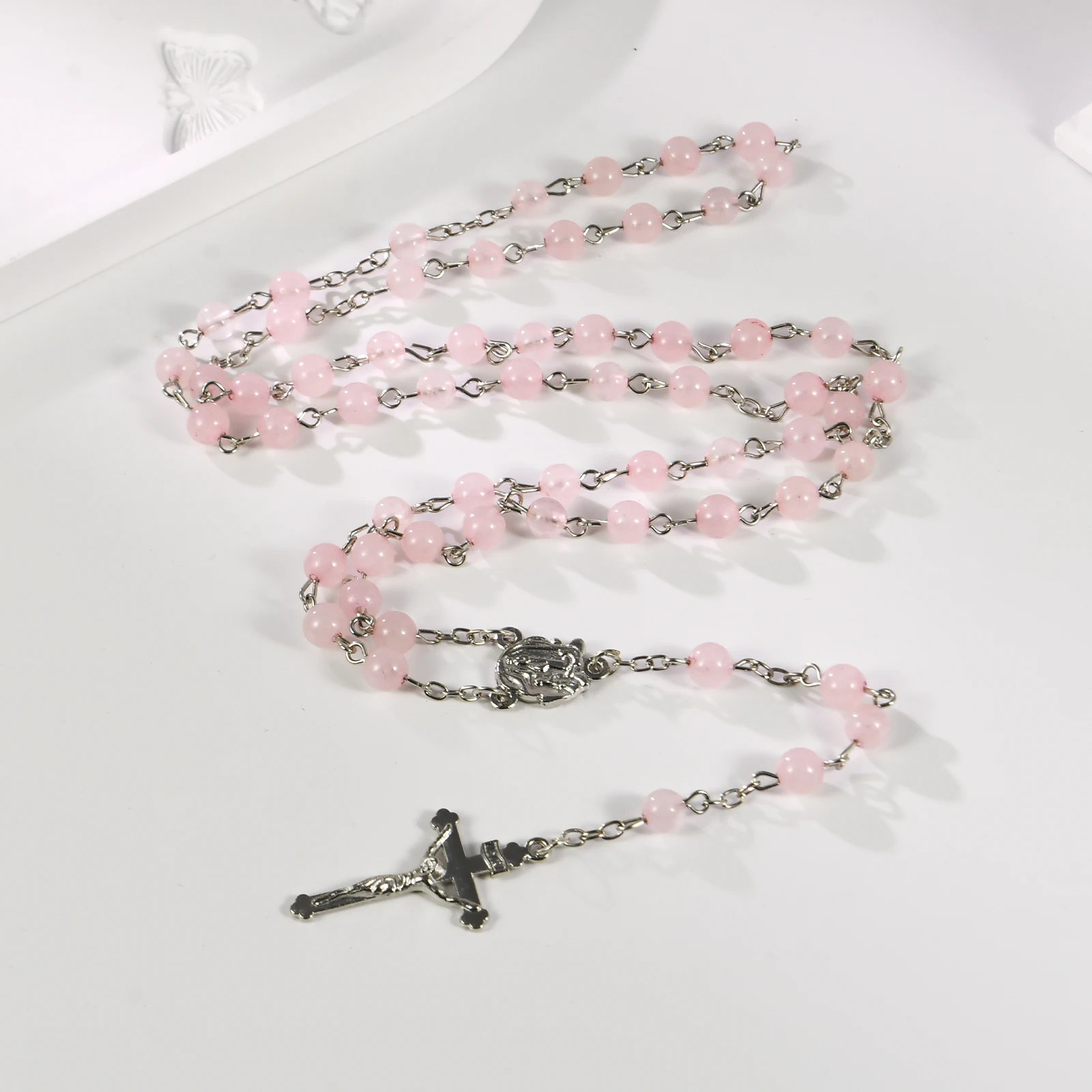 Natural Rose Quartz Rosary Necklace – 6mm 59-Bead Chain with Cross, First Communion Prayer Gift for Women