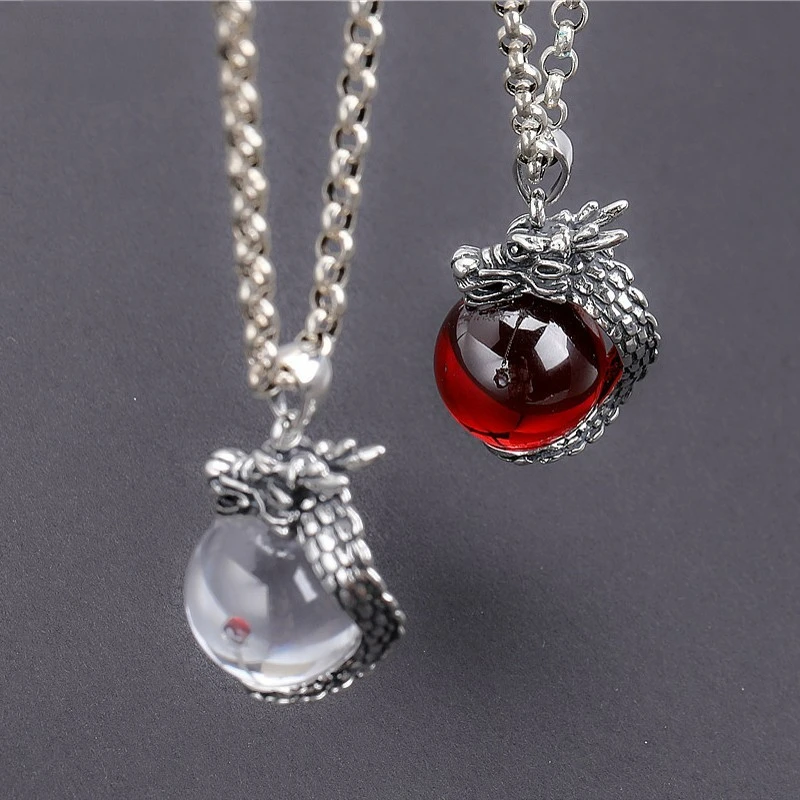 Bestlybuy New Real S925 Inlaid With Garnet/Crystal Ball Dragon Pendant Vintage Thai Silver Fashion Jewelry Couples G