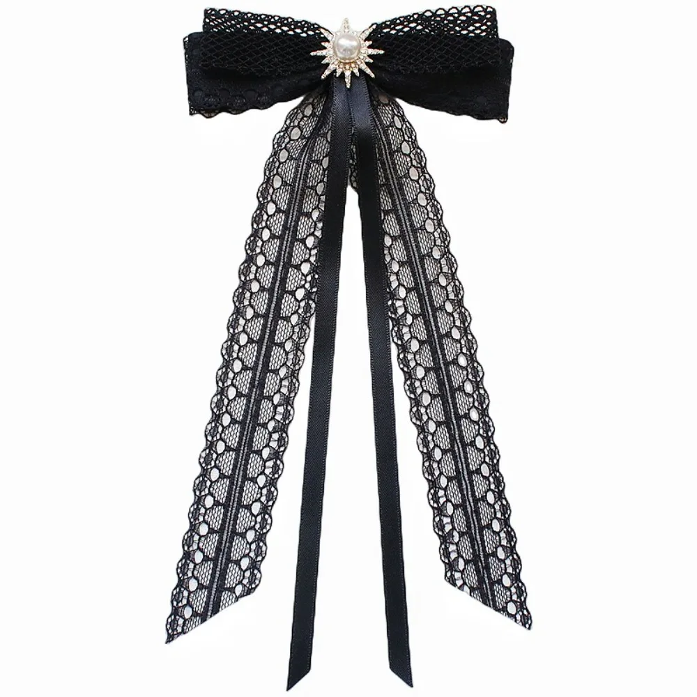 Elegant Lace Ribbon Bowtie College Style Korean Fabric Bow Brooches Black Student Shirt Collar Rhinestones Jewelry Women Girl