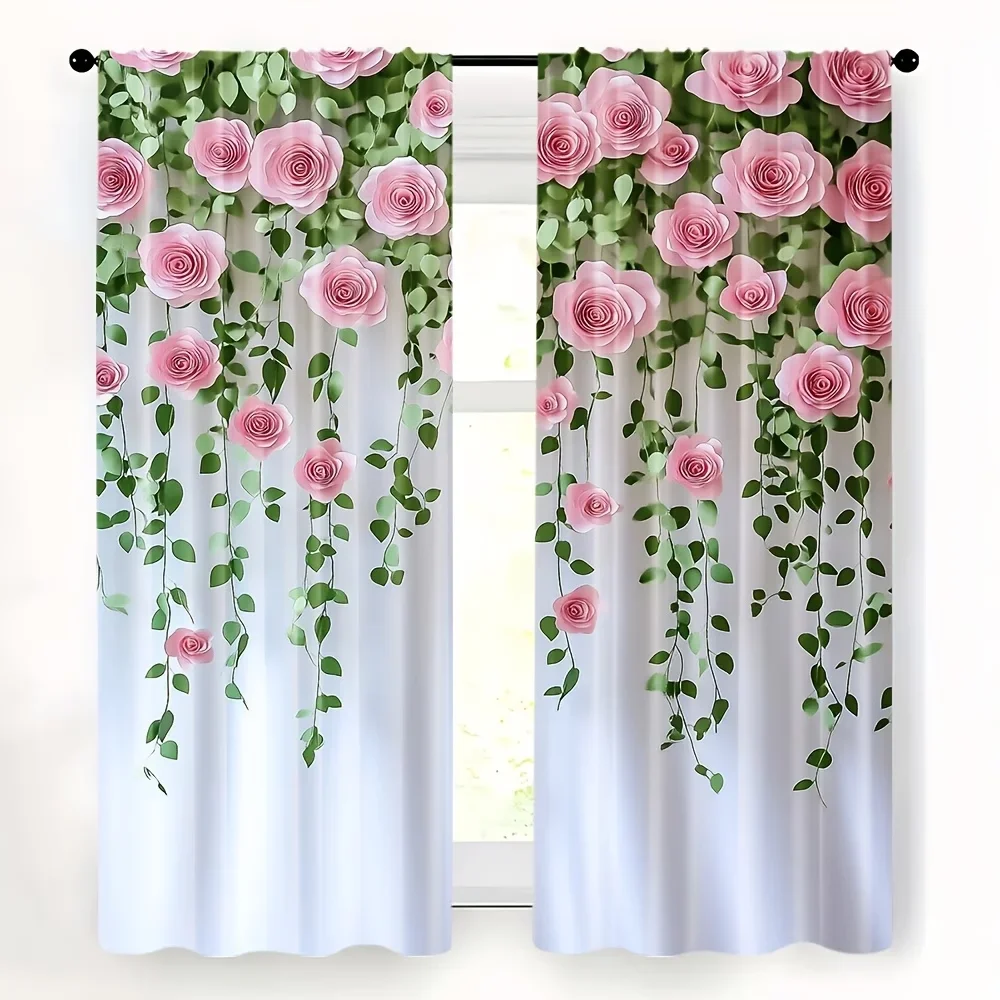 2PCS Digital Printed Curtains, Green Leaves Pink Rose Botanical Floral, Window Curtains for Living Room Bedroom Home Decoration