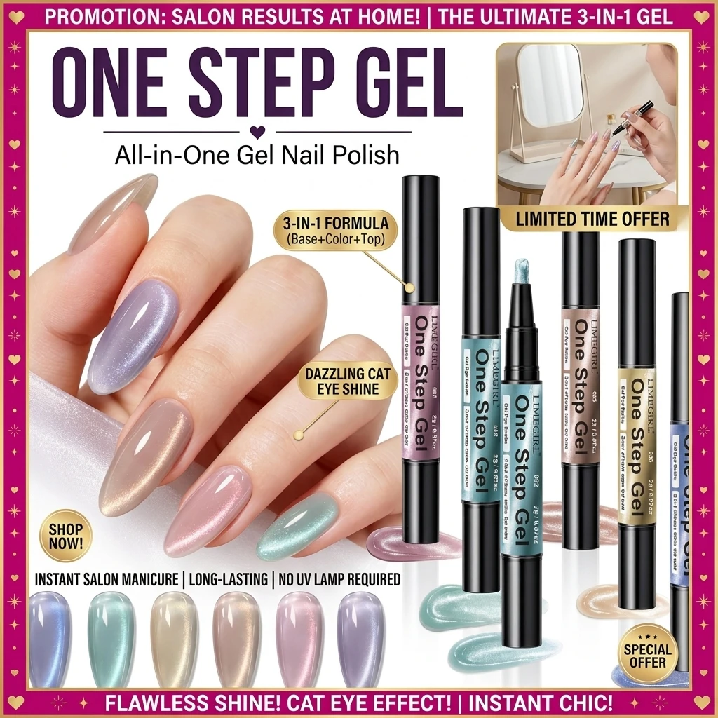 LIMEGIRL Cat Eye One Step Gel Nail Polish Pen 3-IN-1 Cat Eye Gel No Base Coat or Top Coat Needed Quick-Dry Long-Lasting Gel Pen