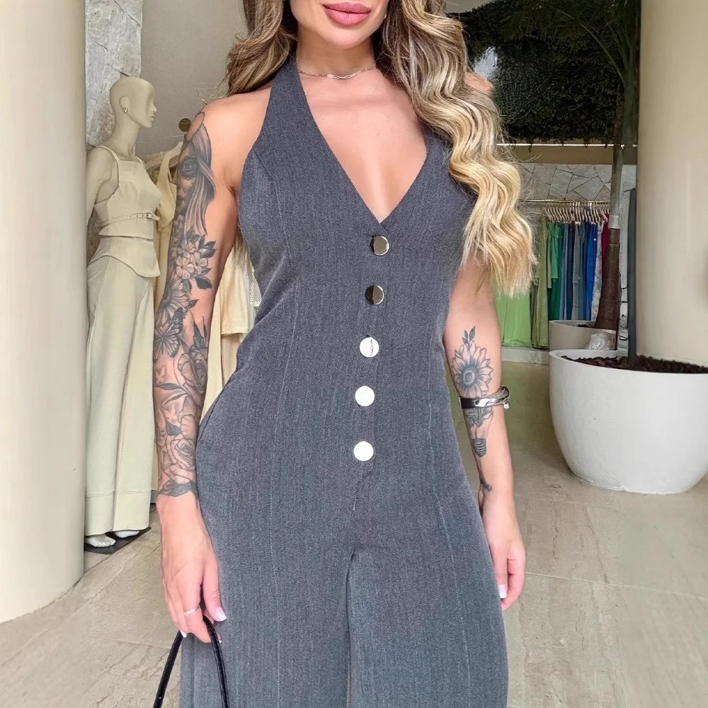 

Faionable Bal Jumpsuit Women Casual Wide Leg Pants High Waist Long Trousers with Bule Design Summer Collection