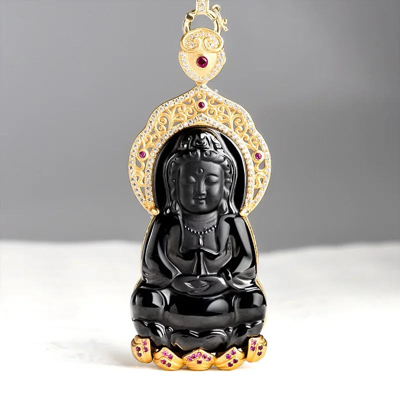 Burmese Jadeite Guanyin Pendant 925 Silver Choker Stone Vintage Carved Black Gifts for Women Amulet Natural Man Jade Necklace