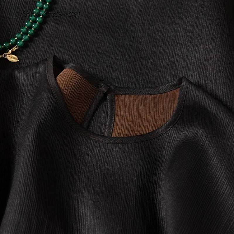 

Women's Fashion Clothing Simple Texture Black Fine Stripes 100% Natural Mulberry Silk Gambiered Guangdong Gauze Loose Dress