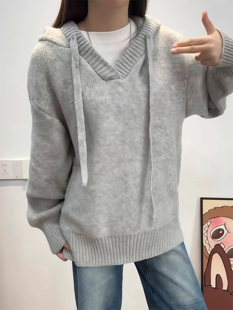 

Вязаный свитер с капюшоном в американском стиле, пальто осень-зима, свободный свитшот с цветочным принтом и V-образным вырезом, ленивый крой