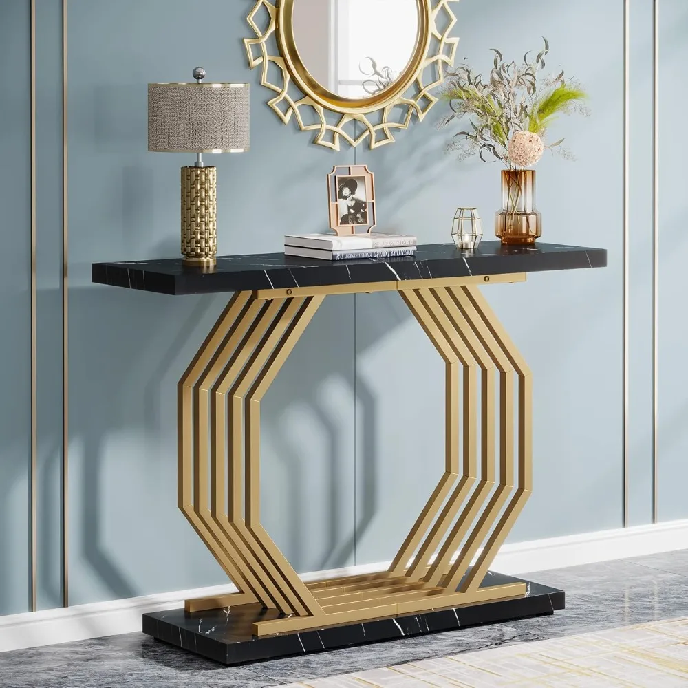 Gold Console Table, Faux Marble Entryway Table Narrow Sofa Table with Geometric Metal Base