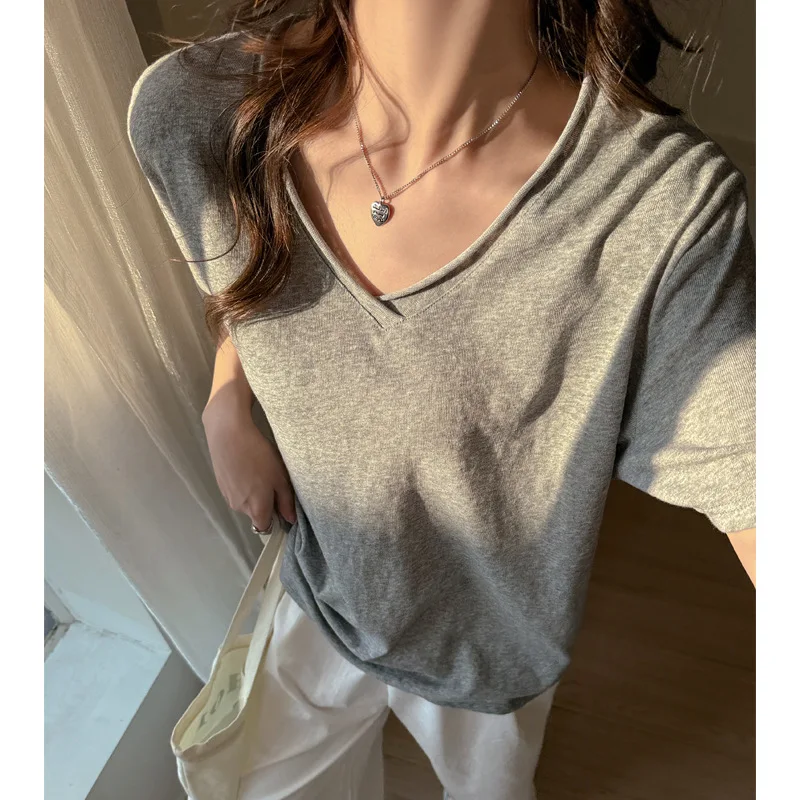 Daily Summer Curled V-neck T-Shirts Women Comfy Casual Korean Short Sleeve Breathable Office Soft Streetwear Street Basic Tops