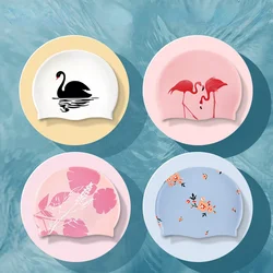 Fashion Cartoon Print Silicone Adult Swim Cap Men Women Large Waterproof Ear Protection Swimming Cap Hat Beach Pool Accessories