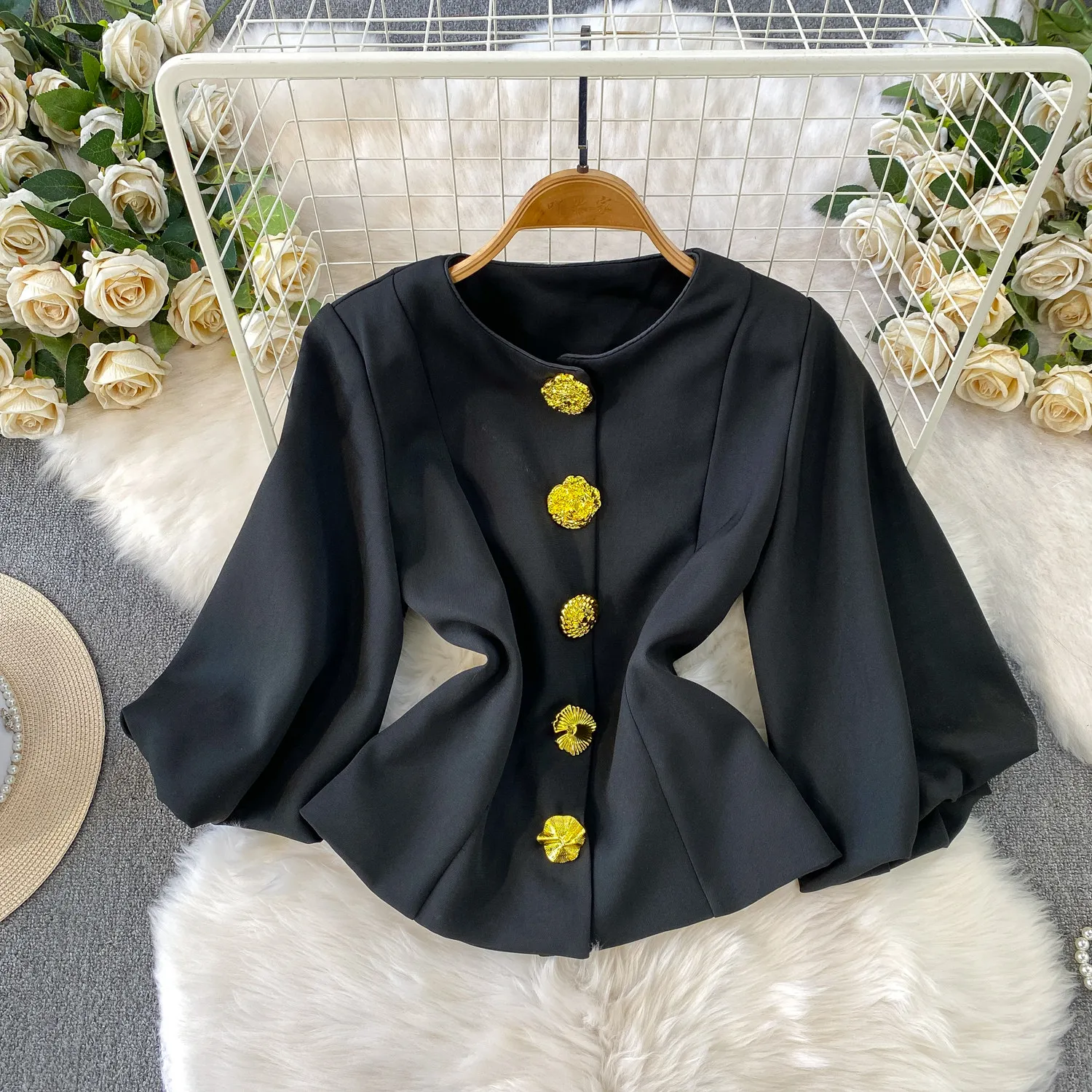 Women's Summer Elegant O Neck Lantern Sleeve Metal Button Loose Jacket Lady Spring Autumn Long Sleeve Short Outwear Top