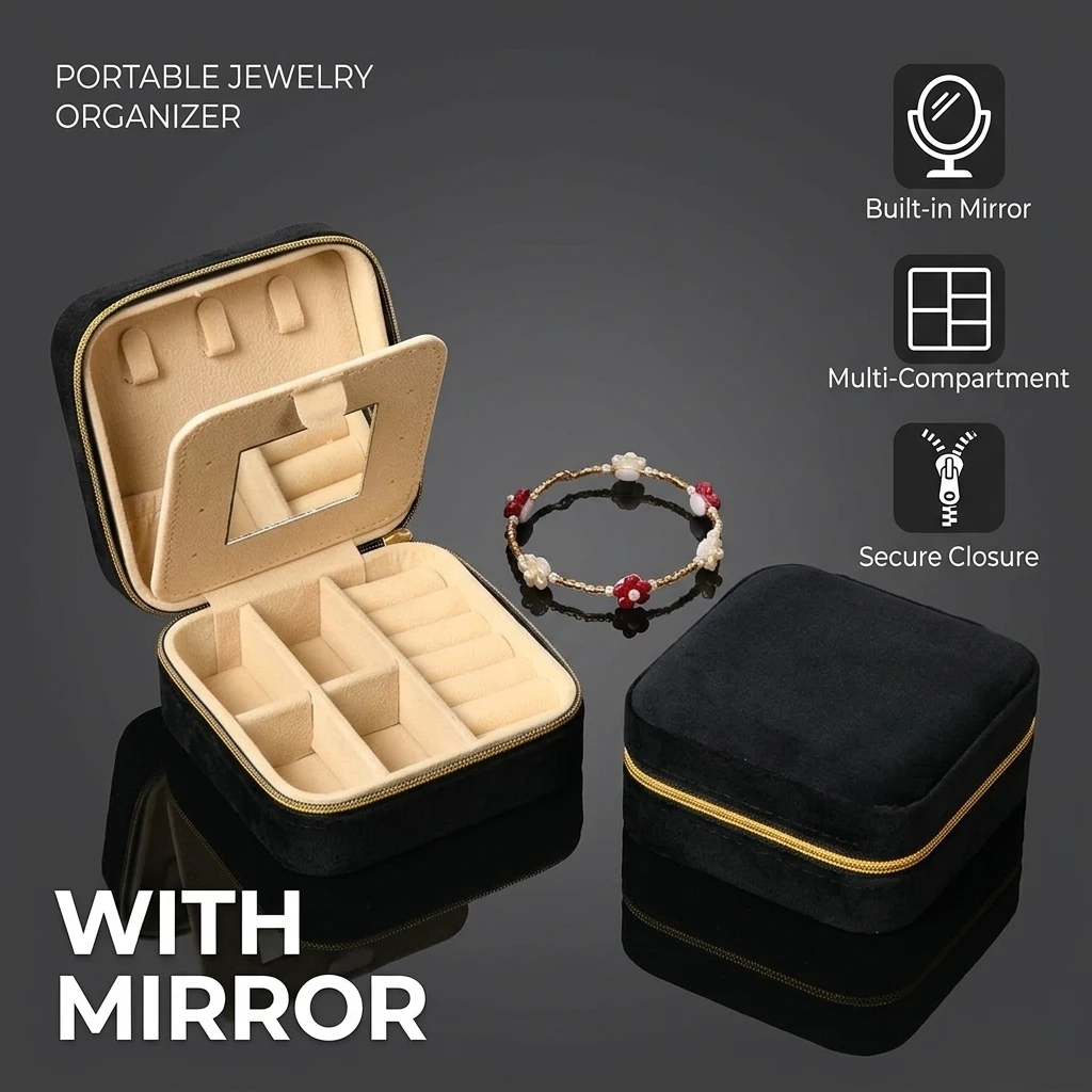 Portable Jewelry Organizer Case with Mirror Zipper Closure and Velvet Lining for Rings Earrings necklace display Travel storage