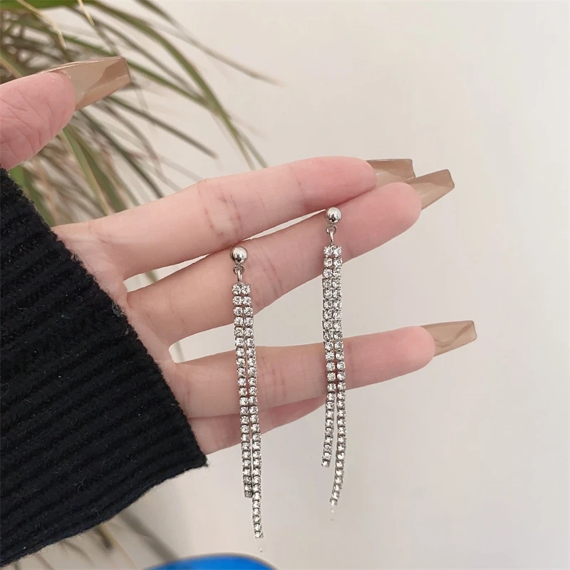 NEWDouble Row Crystal Tassel Long Imitation Pearl Drop Earrings for Women Simple Exaggerated  Jewelry Trend Creative Accessories