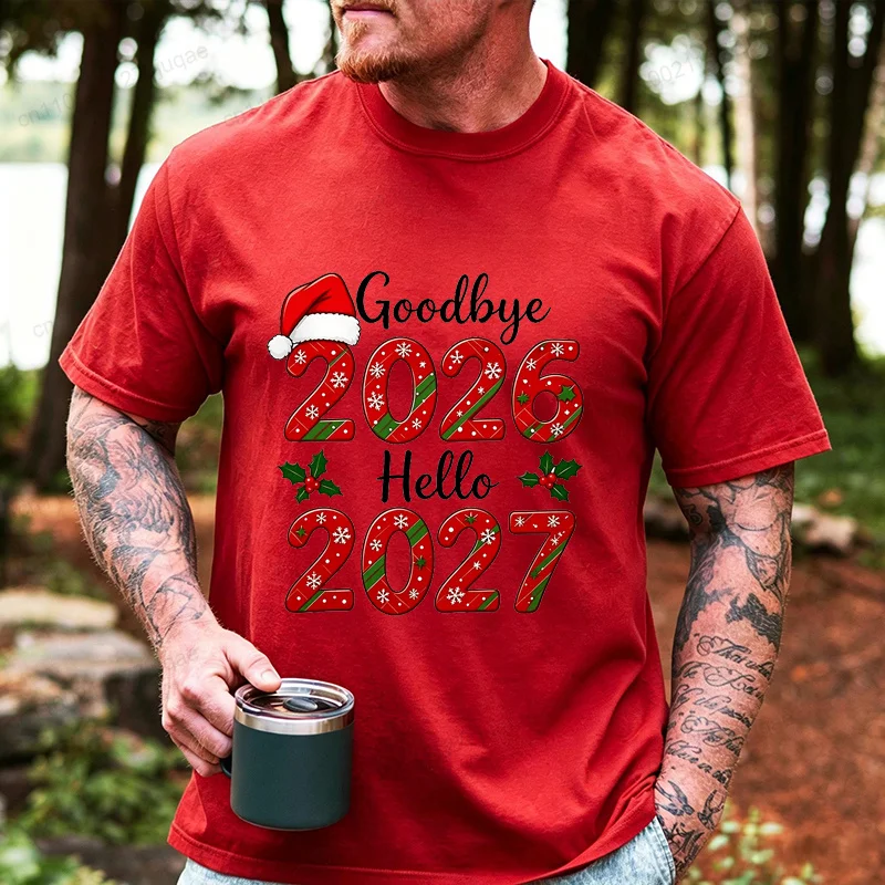 Men Christmas New Year T‑Shirt Goodbye 2026 Hello 2027 Print Short Sleeve O‑Neck Casual Tee Tops Xmas Holiday Party T‑shirt