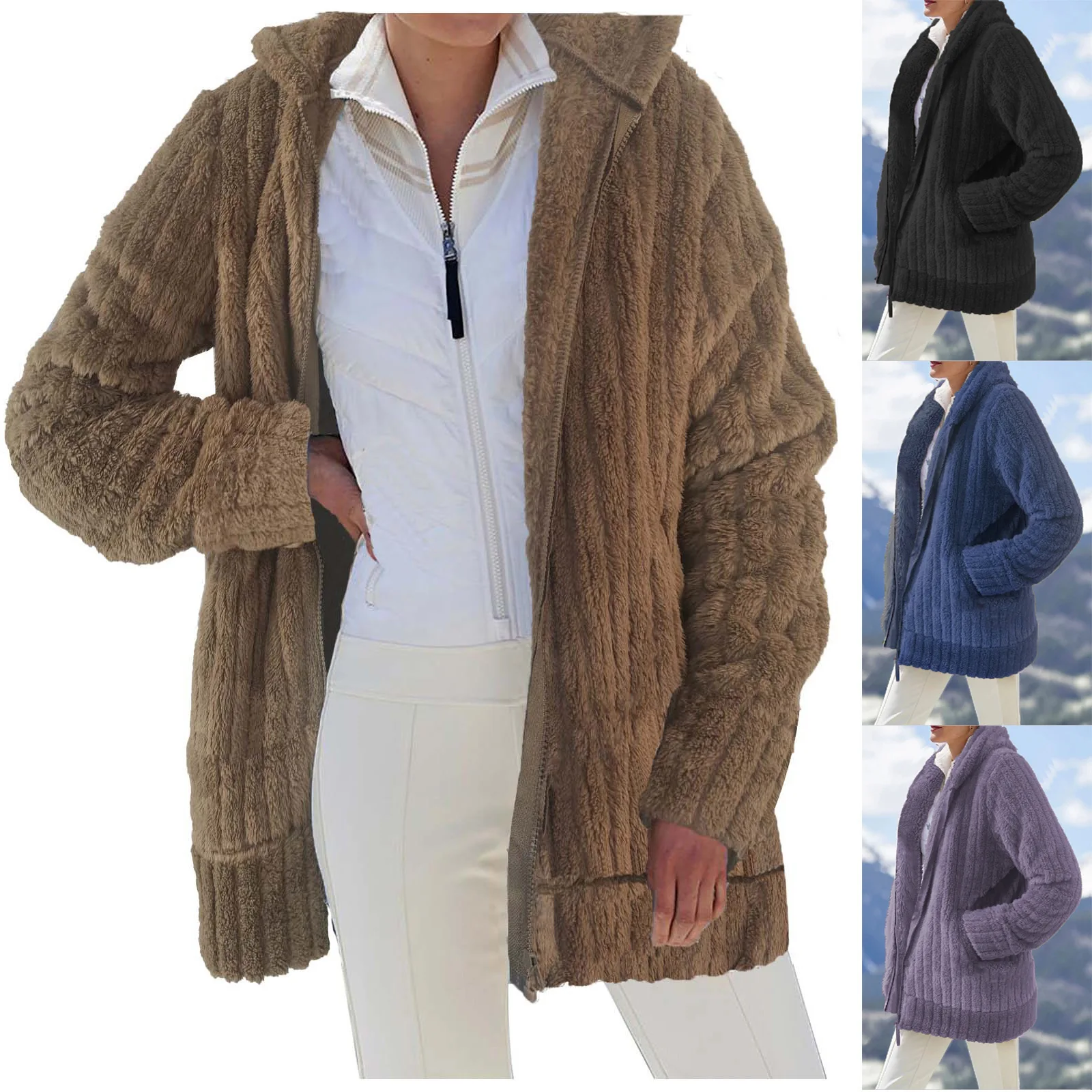 

Women Autumn Winter Solid Color Fleece Zipper Sweatshirt Top Hooded Hoodie Fashion Top Y2K