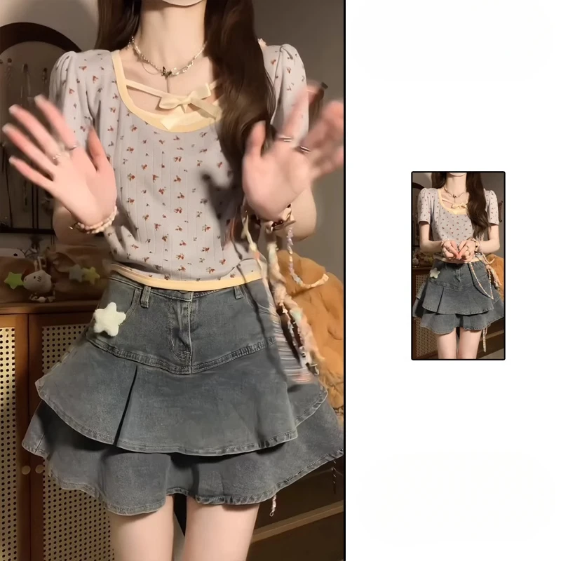 Women Summer High Waist A-Line Cake Jeans Skirt Vintage Washed Pleated Ruffles Layered Tiered Casual Slim Denim Streetwear A682