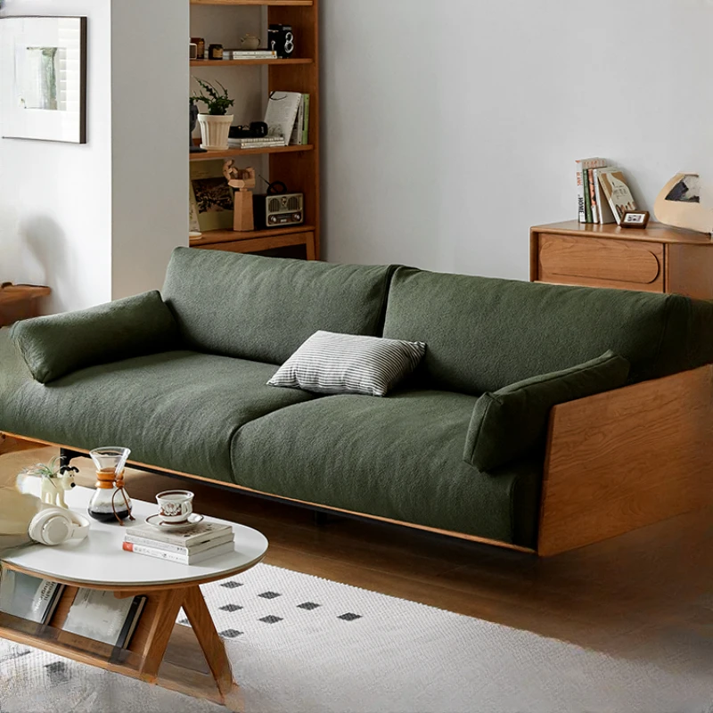 

Fabric sofa, solid wood, cherry wood, green living room, Japanese-style log style, three people can fully disassemble and wash