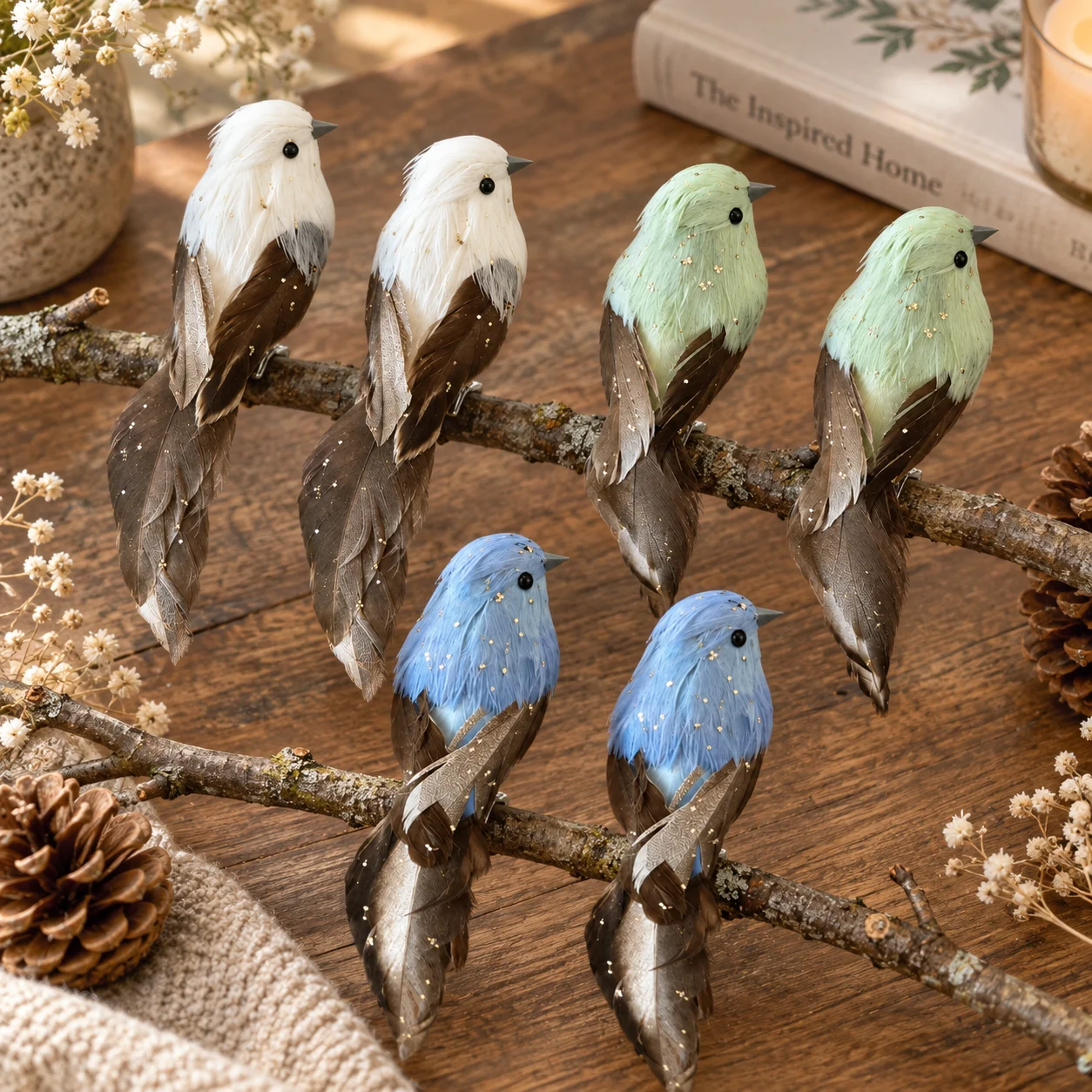 3PCS Artificial Bird Ornaments Feather Decorations for Home Garden Tree Display Multicolor