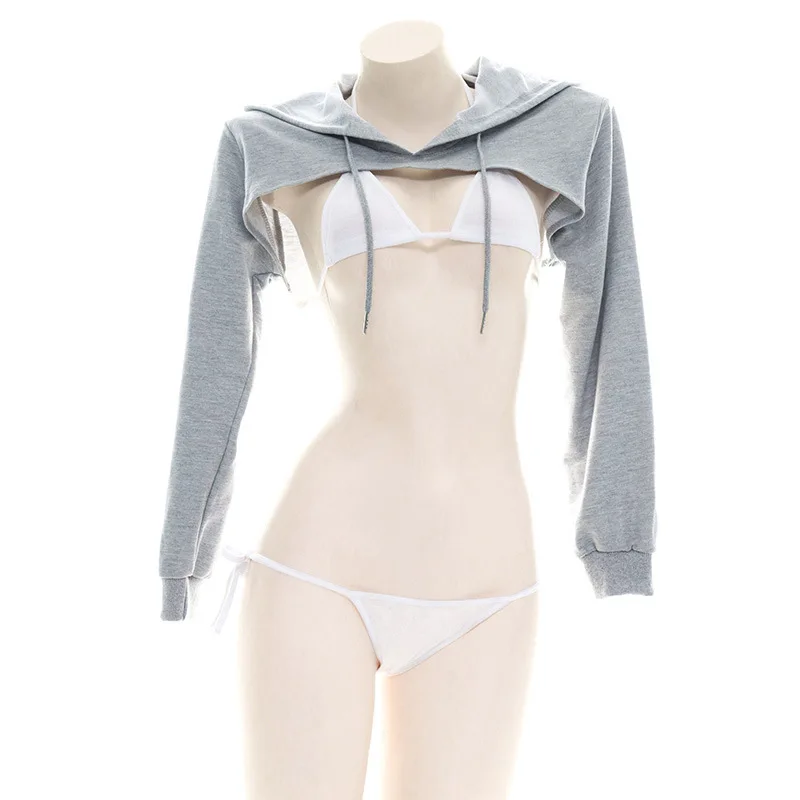 Hot Lolita Anime Mädchen Grey Bikini Set Cosplay sexy Kapuze Langarm Sweatshirt Bikini Halloween Bandage Badeanzug Dessous Set