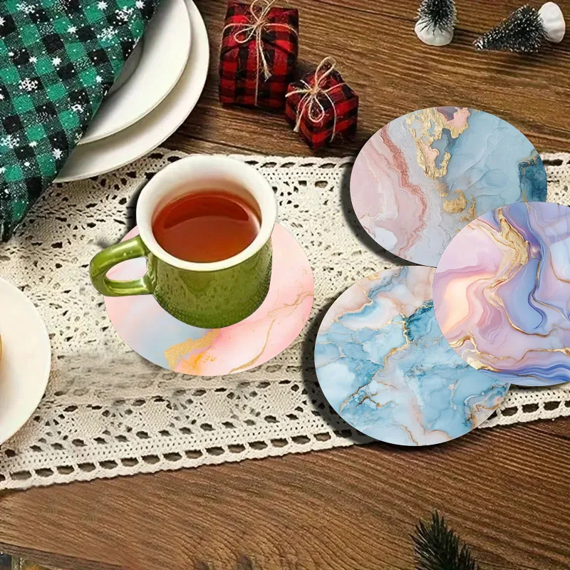 4 Pieces of Marble Pattern Printed Coasters, Suitable for Daily Family Party Decoration, Office, Non-Slip Wooden Coasters - view 5