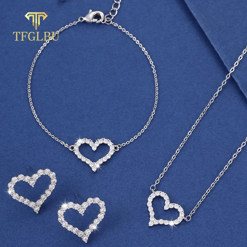 TFGLBU Trendy Pass Test 2CTTW Moissanite Heart Necklace Set for Women Shine Wedding Pendant Gift S925 Sterling Silver Jewelry