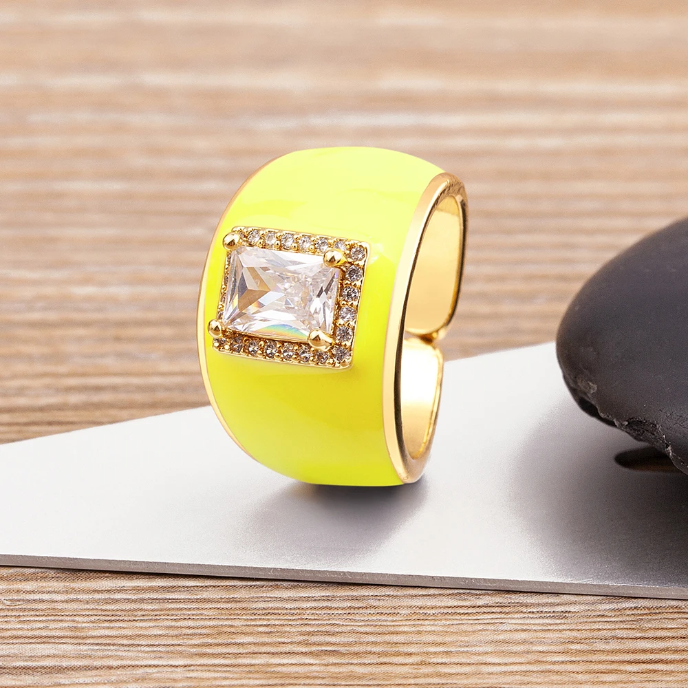 Nidin High Quality Multicolor Enamel Dripping Oil Zircon Open Ring For Women Adjustable Gold Plated Chunky Finger Rings Gift