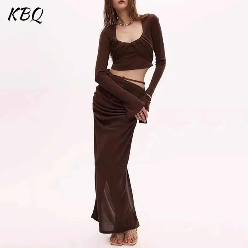 

KBQ Sexy Spliced Folds Two Piece Set For Women O Neck Long Sleeve Crop Top High Waist Bodycon Skirt Chic Sets Female Fashion New