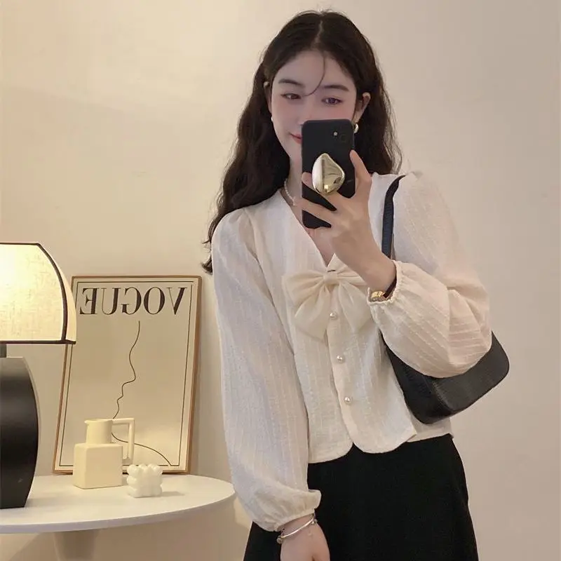 Korean Bow Patchwork Thin Blouse Spring Autumn New Long Sleeve V Neck Solid Color Sweet Shirt Tops Fashion Trend Women Clothing