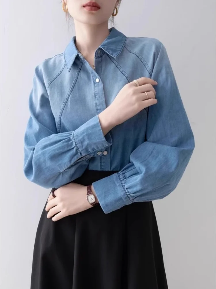 

Женская свободная джинсовая рубашка с длинным рукавом, весна-осень 2026, новинка, винтажный дизайн, повседневная, прямого кроя, на пуговицах