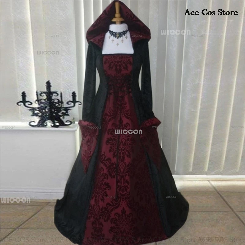 Halloween Classical Dance Stage Costume Medieval Witch Vampire Cosplay Outfit Renaissance Party Gown Women Vintage Hooded Dress