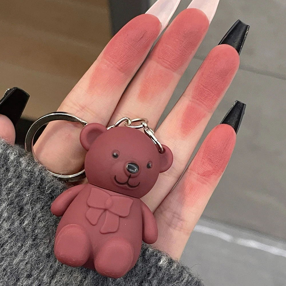 Bear Recklace Lip Mud Gray Pink Matte Matte Velvet Lip Glaze Cute Portable Keychain Pendant