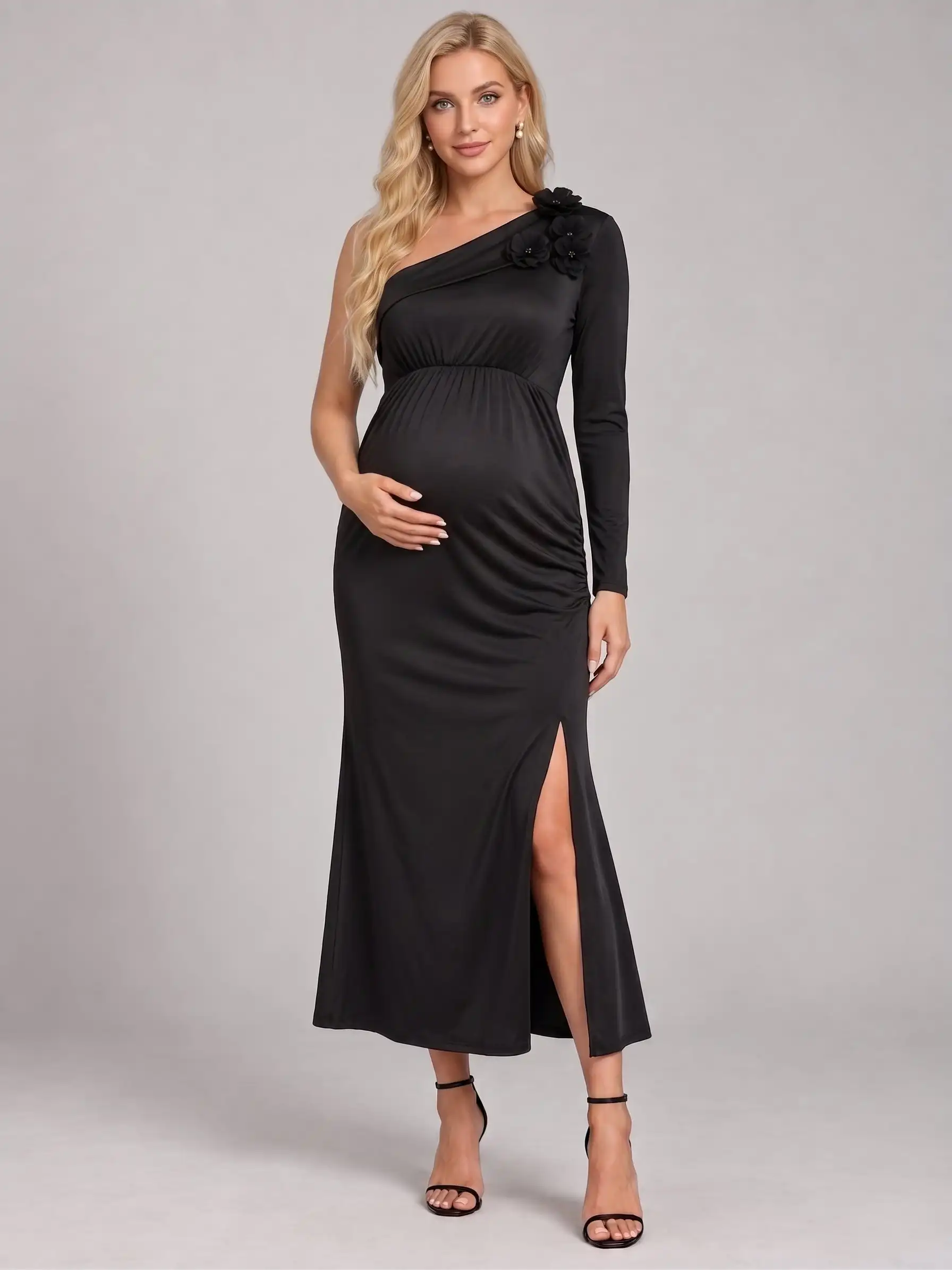 Black One-Shoulder 3D Floral Maternity Baby Shower Dress L-26937