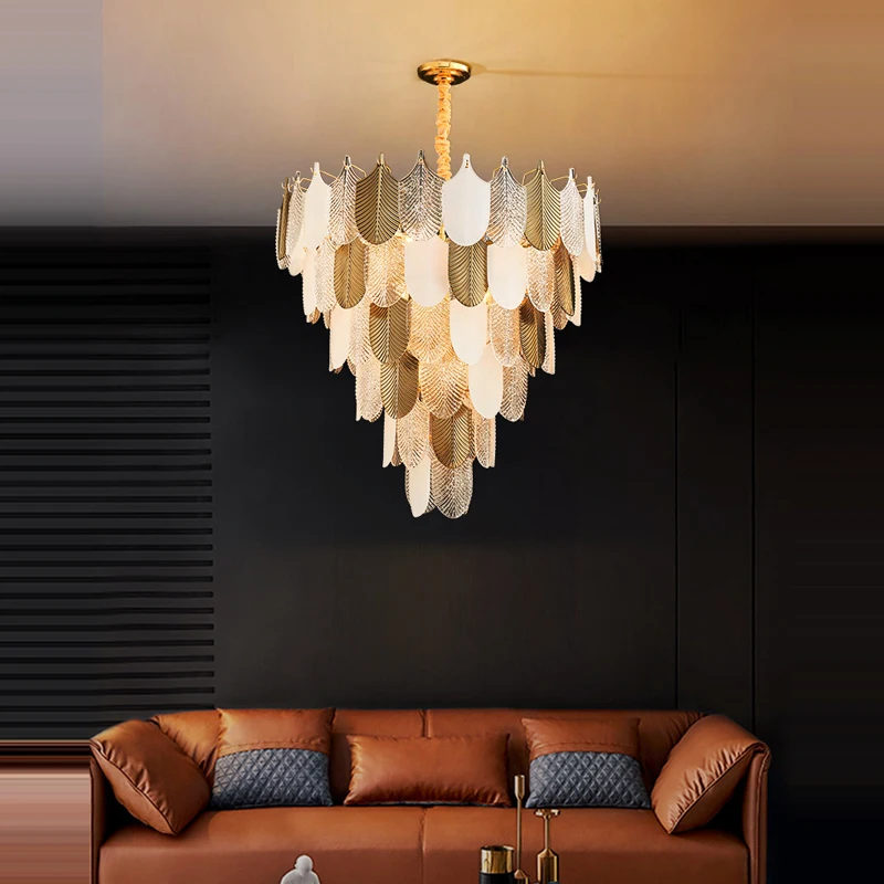 Art Deco Glass Leaf Golden Silver Dimmable LED Chandelier Lighting Hanging Lamps Lustre Suspension Luminaire Lampen For Foyer