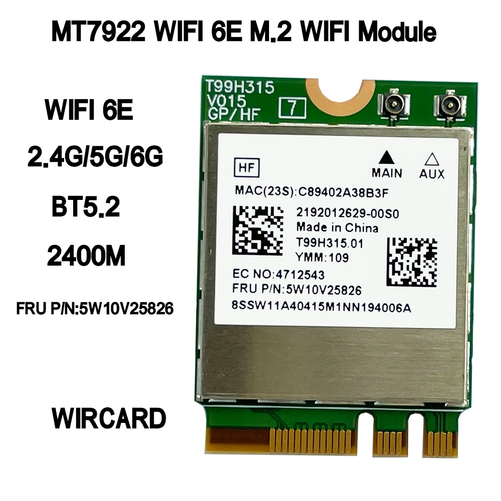 Wi-Fi 6E MT7922 Wireless 2400Mbps WIFI Network Card 2.4G 5G 6G 802.11AX M.2 Bluetooth 5.2 MU-MiMO Adapter For Lenovo Laptop