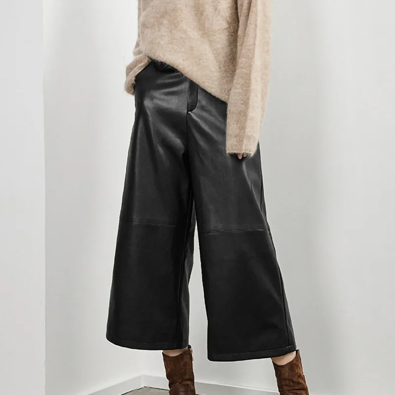 

Women's Genuine Sheepskin Leather Pants Long 2023 New Calf Length Leather Trouser Flared Pants TF5314