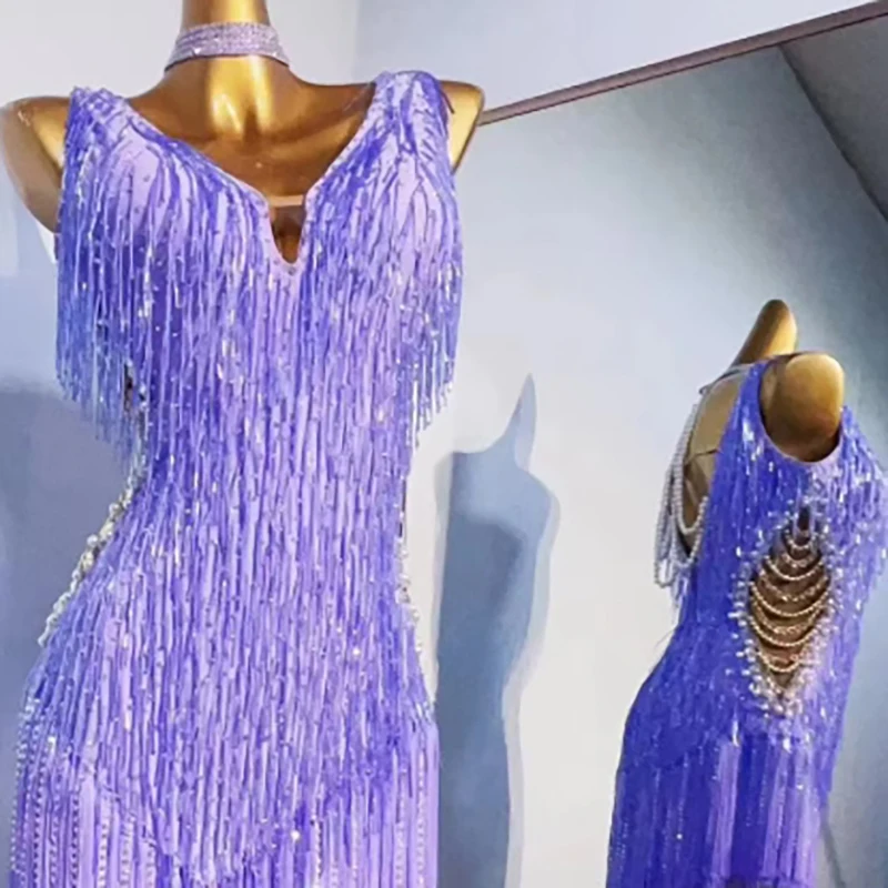 Latin Dance Women's High-end Custom Purple Pearl Tube Pearl Tassel Samba Art Performance Clothing High Flash Dress