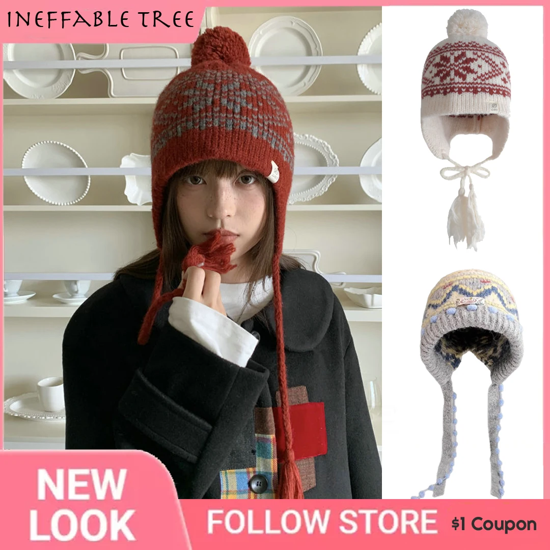 Gorros de aviador Vintage de invierno para mujer, Gorro de punto cálido con orejeras, protección para los oídos, protectores para esquiar al aire libre, Gorro Ruso