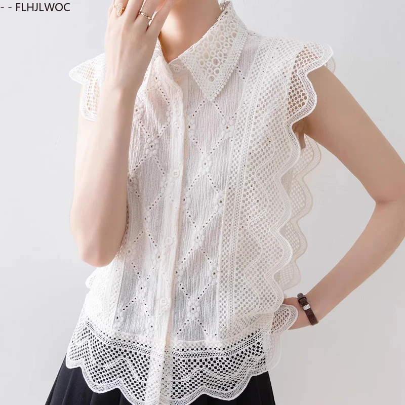 Polo au Design français, nouvelle mode d'été 2025, sans manches, mignon et doux pour filles, à volants, ajouré, couverture en dentelle blanche, chemisiers