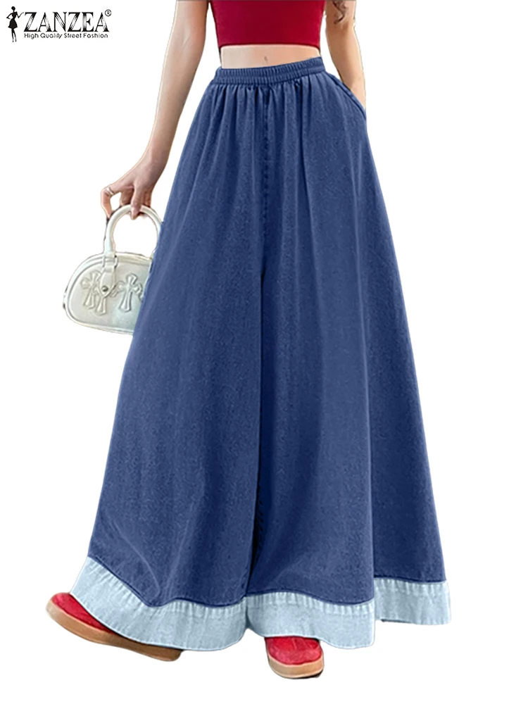 ZANZEA Korean Fashion Faux Denim Wide-Leg Pants Women Loose Casual Elastic High Waist Color-Block Trousers 2025 Autumn Bottoms