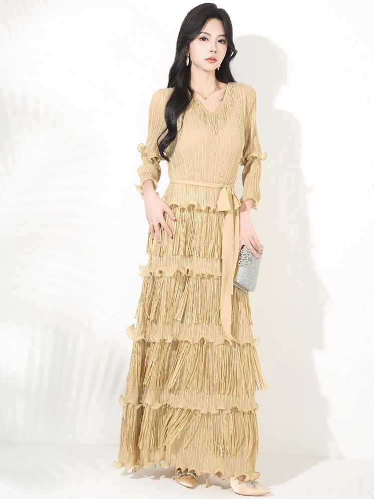 Moda borla vestidos plissados primavera feminino meia manga com decote em v vestido em camadas novo outono cintura alta sólido fino tornozelo comprimento vestido