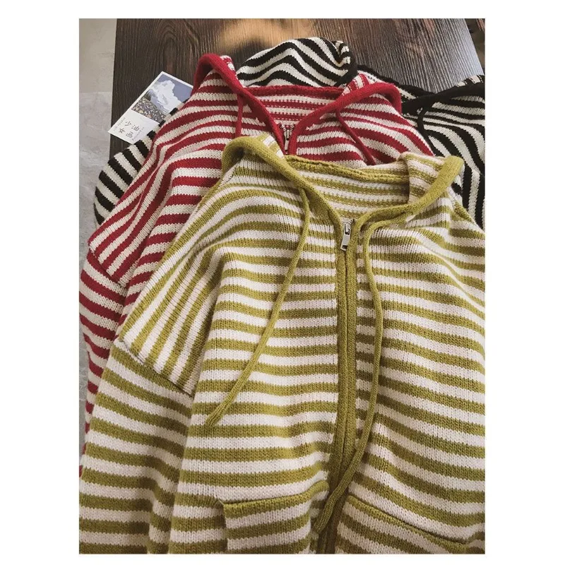 Korean Fashion Retro Preppy Style Casual Knitted Hoodies for Women 2026 Autumn Winter Women's Striped Loose Hooded Jacket Coats