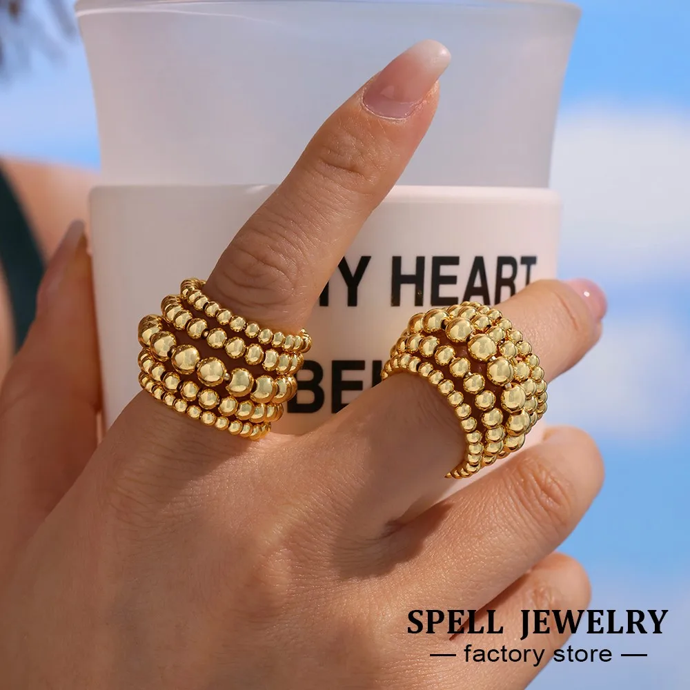 

Multi Layer Beads Ring In Stainless Steel 18k Gold Plated Waterproof No Tarnish Beaded Open Rings For Women Men Couples Jewelry