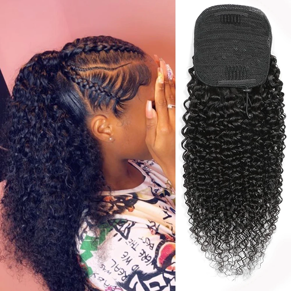 Kinky Curly Human Hair Ponytail Extensions 10-32 Inch Drawstring Clip-In Ponytails for Women 100% Removable Hair Add-Ons