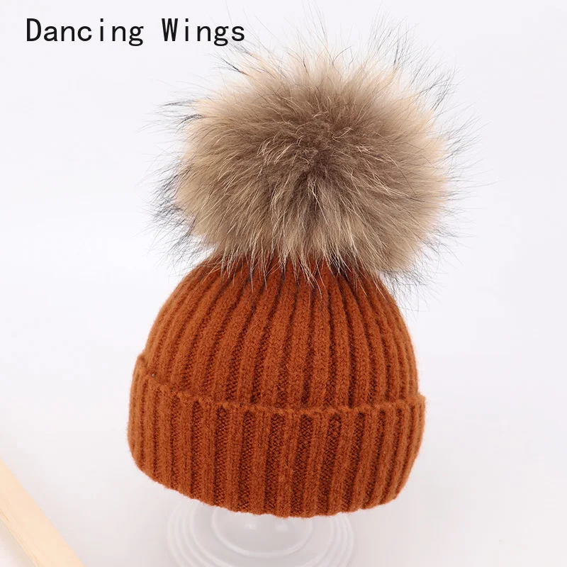 

Newborn Baby Hat Real raccoon fur ball Pompom Beanie Cotton Solid Hats For Baby Girls Boys Toddler Winter Children Caps