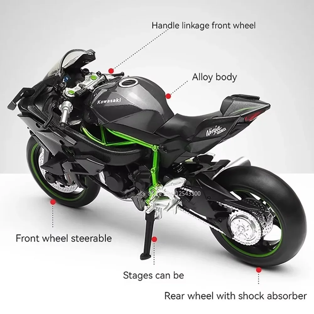 1:12 Scale Kawasaki Ninja H2R Motorcycle Model Toy Car Alloy Diecast Shock Absorption Free Wheeling Ornament Collection Gifts