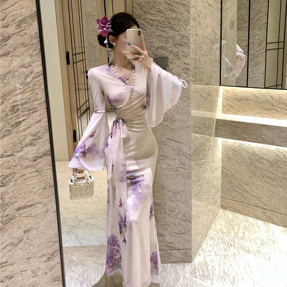 

V-Ne Bell Sve Printed Tulle Dr with Bow Tie High Waist Long Dr Women's Faion Spring Autumn New Sle