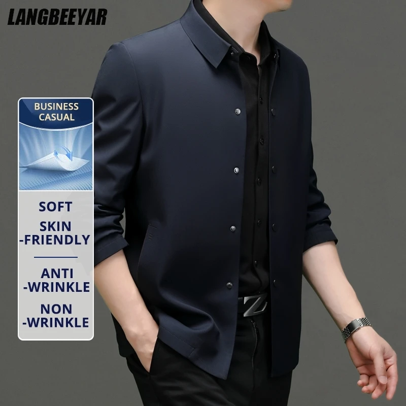 

High End Anti Wrinkle Men Business Casual Single Breasted Blazer Jacket Dad's Outfit Middle Aged Windbreaker Executive Coats
