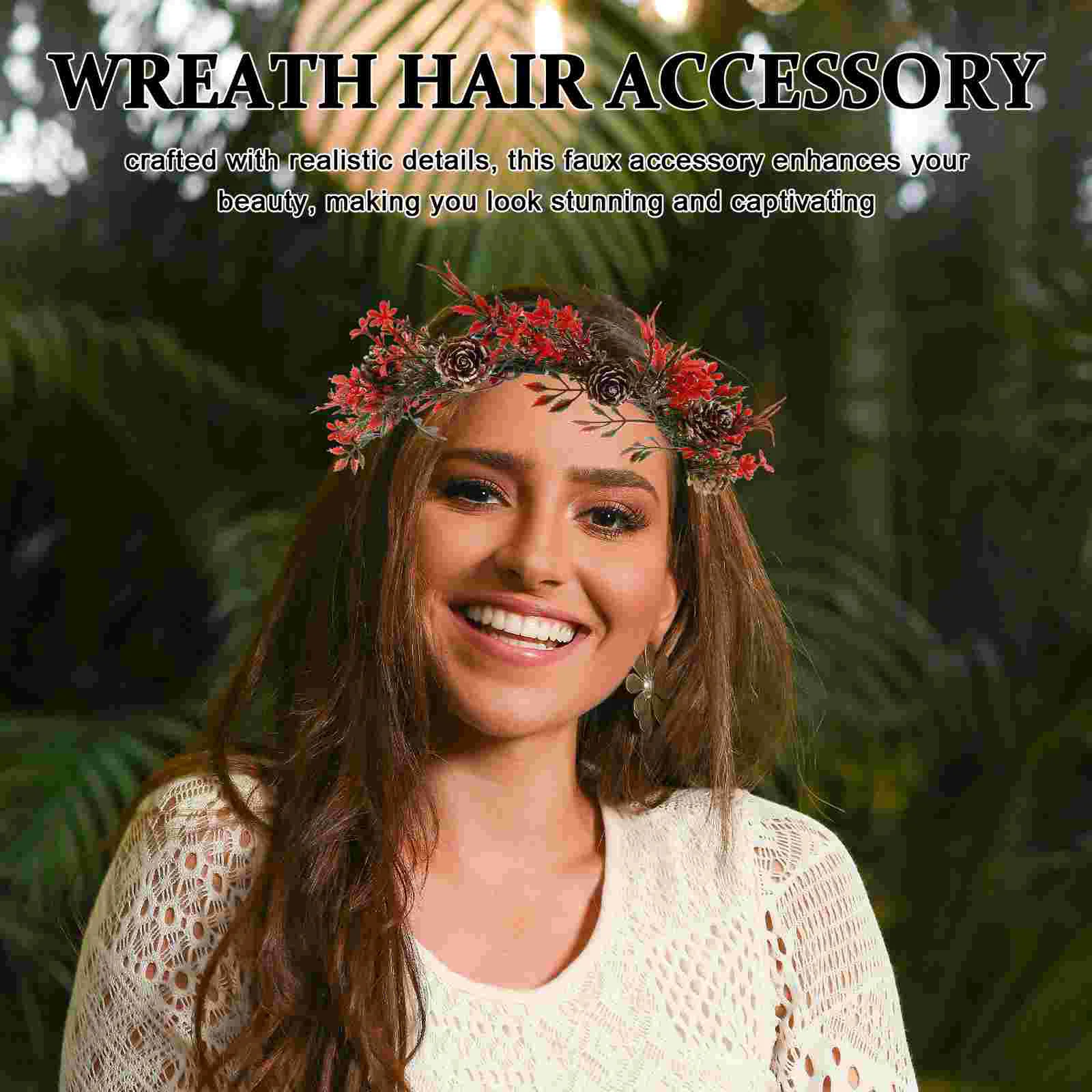 Red Floral Wreath Headpiece Christmas Garland Bridal Flower Crown Women Holiday Hair AccessoryHH115 1 Lifelike Faux Accessories