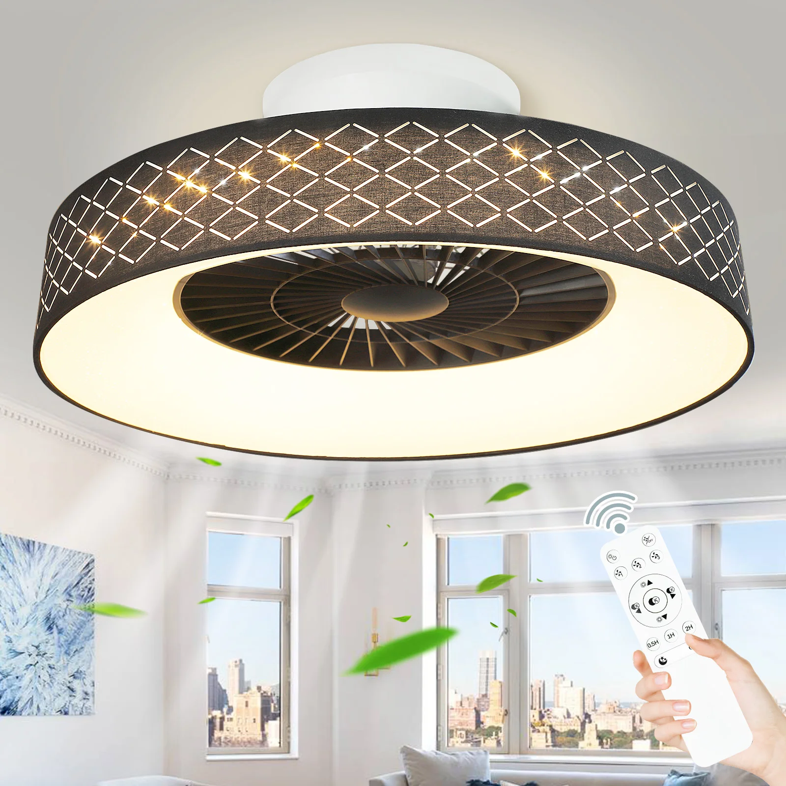 50/60cm Flush Mounted Ceiling Fan with Light Dimmable Remote Control Smart 3 Color Changing Timing for Bedroom Living Room Kitch